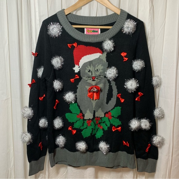 Tipsy Elves Gray Cat Silver Tinsel‎ Pom Poms Red Bows Christmas Sweater Size L - Picture 1 of 11